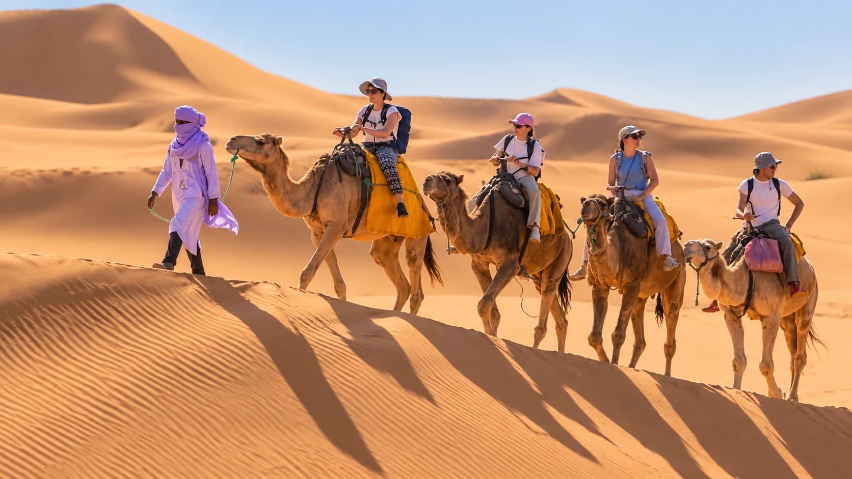 Caravane de dromadaires dans les dunes de l’Erg Chigaga
