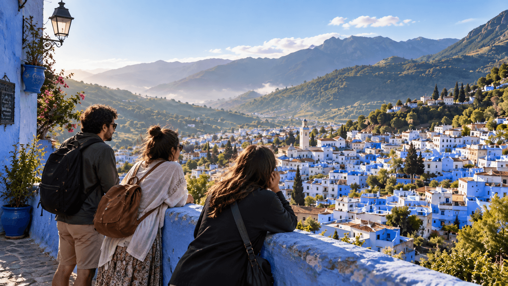 Voyageurs admirant Chefchaouen et les montagnes verdoyantes du Rif depuis un belvédère