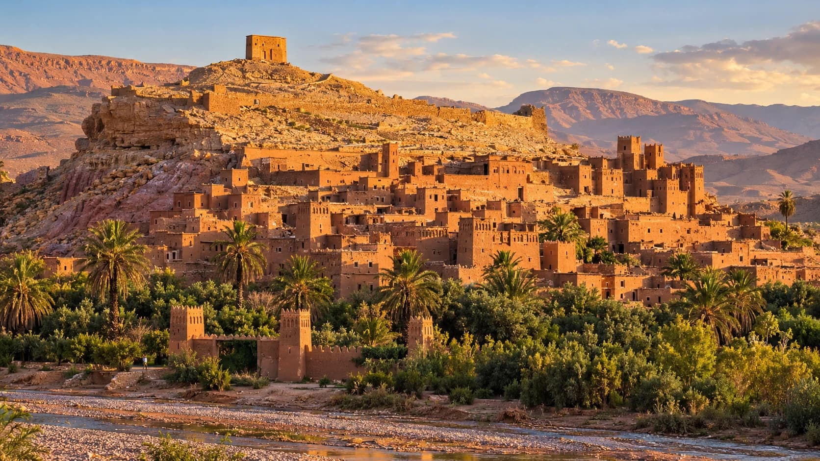 Le ksar d’Aït Ben Haddou et la palmeraie dans la lumière du soir