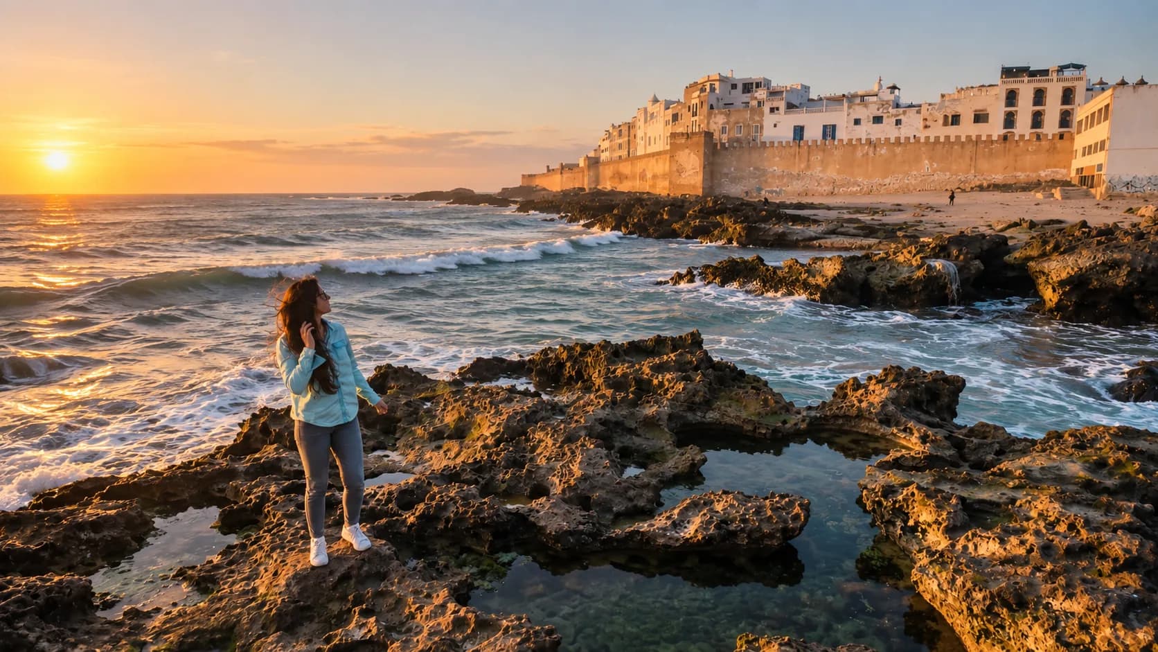 Une voyageuse sur les rochers face aux remparts d’Essaouira au coucher du soleil