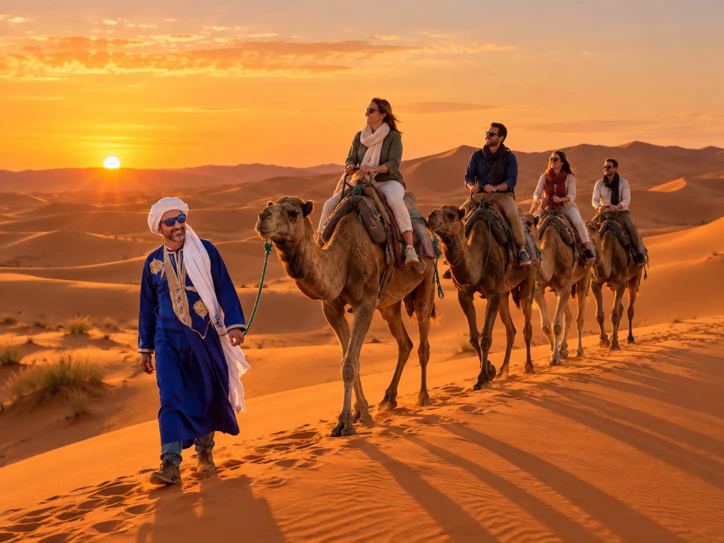Un chamelier en gandoura bleue mène quatre voyageurs à dos de dromadaire dans l’Erg Chebbi au coucher du soleil